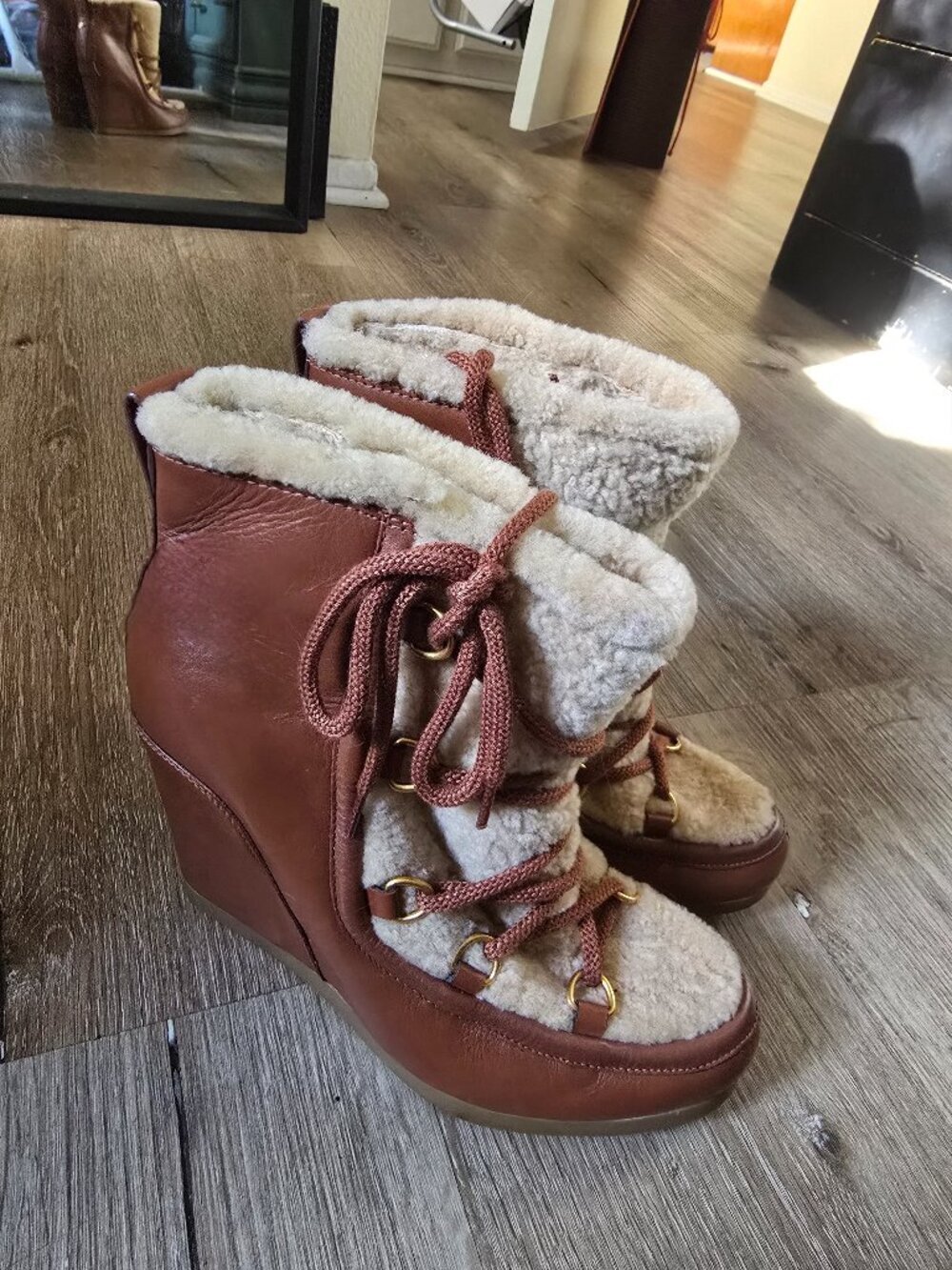 Veronica Beard Elfred Leather Shearling Lace-Up Booties